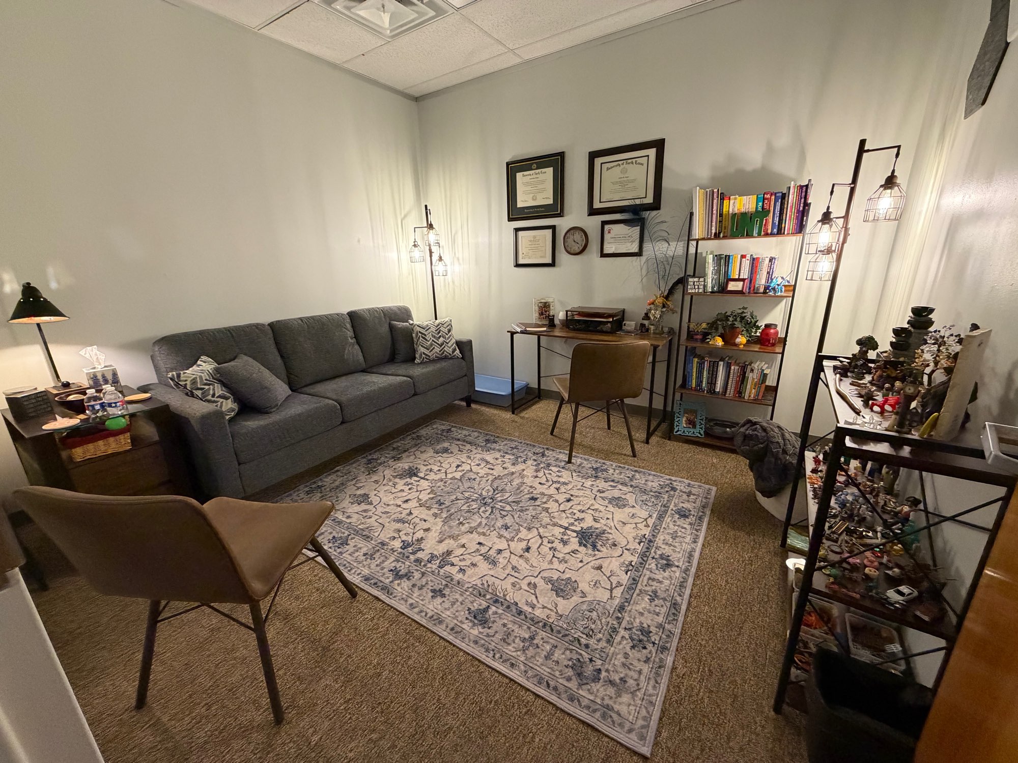 Adult and adolescent counseling room with a couch, desk, bookshelves, and shelves of sand tray miniatures